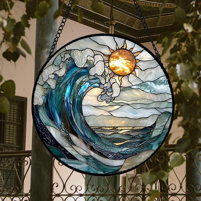 Stained Glass Window Hanging, Blue and White Waves Suncatcher Diamond Glass Panel Landscape Sun Catchers Decor for Birthday for Women, Men, Wife, Aunt, and Mom 14.9x14.9 in