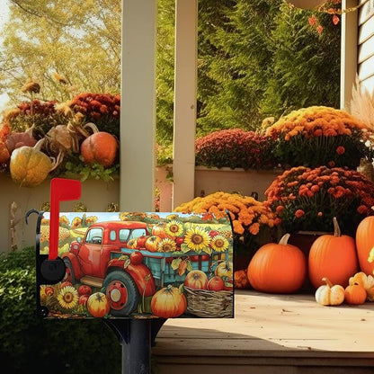 Fall Autumn Pumpkins Mailbox Covers Magnetic Large Size 25.5 X 21 Inch Autumn Harvest Yellow Sunflower Mailbox Wraps Cover Red Truck Thanksgiving Letterbox Cover for Garden Yard Outdoor Decor