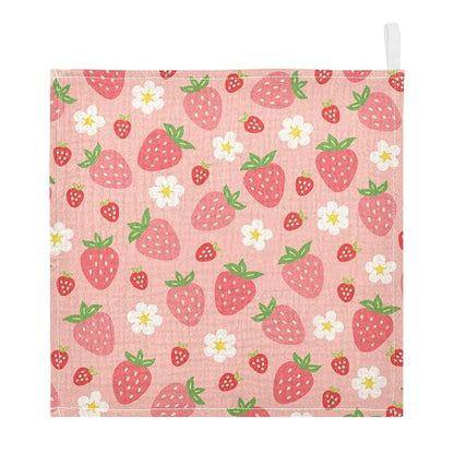 Moudou Strawberry Baby Muslin Washcloths 3 Pack, Absorbent Soft Cotton Baby Bath Face Towels Burp Cloths for Newborn Boys Girls, 12 x 12 Inch