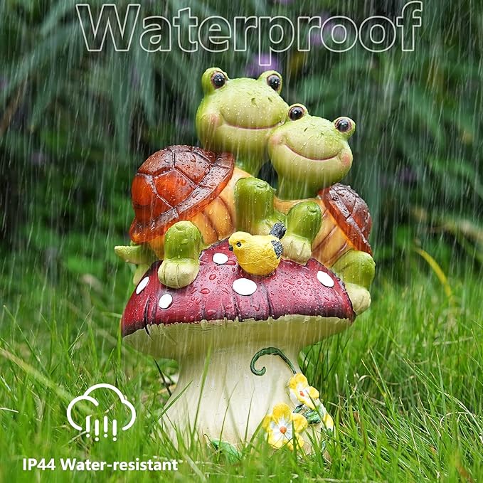 Solar Light Turtle Garden Statue, Turtle on Mushroom Figurine, Lovely Tortoise Garden Statue with 5 LED Lights for Patio, Balcony, Yard, Housewarming, Lawn Ornament, Outdoor Lawn Decor