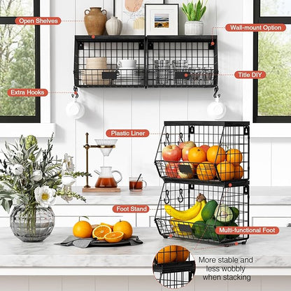 Black Kitchen Wall Hanging Storage Basket Set of 2, Rustic Stackable Kitchen