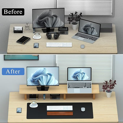 Aothia Large Dual Monitor Stand Riser, Solid Wood Desk Shelf with Eco Cork Legs for Laptop Computer/TV/PC/Printers, Perfect Desktop Stands Organizer with Underneath Storage for Office Accessories