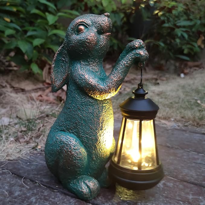 Rabbit Garden Statue Outdoor Décor with Solar Lights Lantern,Rabbit Solar Light Figurines Outside Decorations for Yard，Lawn, Patio, Balcony, Unique Housewarming Gifts