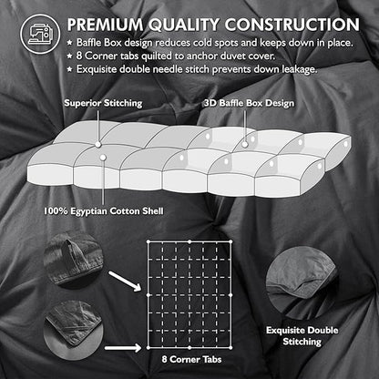 Luxurious Goose Down Feather Fiber Comforter Oversize California King Size Duvet Insert, Pinch Pleat Ruffled Twisted Flower, 108 x 98 inches, 100% Egyptian Cotton Cover, 80 oz. Fill Weight, Gray