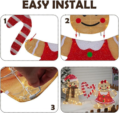 TW SHINE Christmas Outdoor Decorations Yard, Set of 2 Lighted 2D Gingerbread Man with 90 Warm White Lights, Light Up Gingerbread Man Couple for Xmas Holiday Front Garden Patio Lawn Display