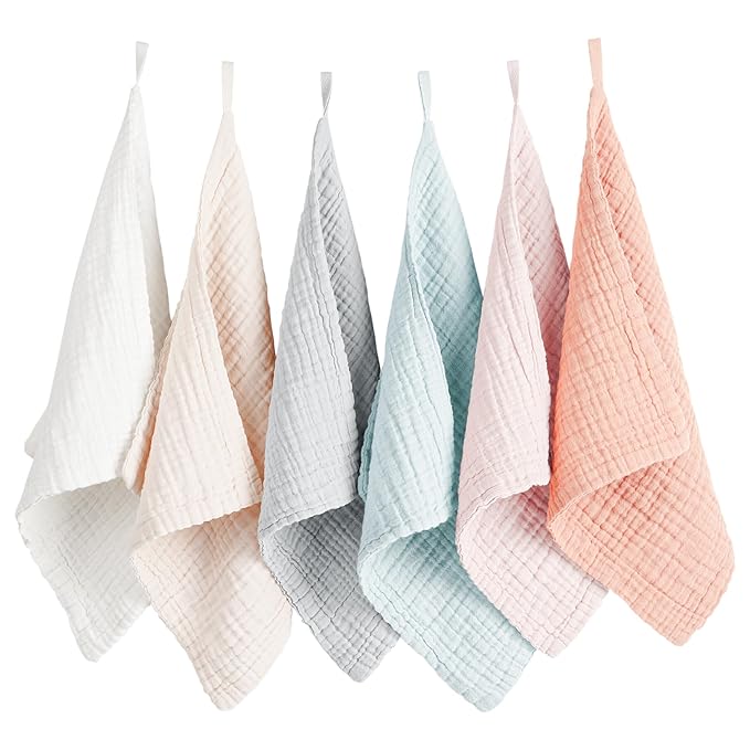 Konssy 6 Pack Baby Muslin Washcloths for Unisex 100% Cotton Wash Cloth Set for Baby Face Body Comfy and Soft for Newborn Infants Kids Girls and Boys