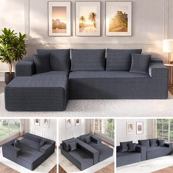 Cloud Sectional Couch, 104”L-Shape Large Oversized Sofa with Right Chaise Lounge, Modular Sleeper Couch with Pillows & Deep Seat, Flannel Velvet Compressed Sofa for Living Room, Dark Gray