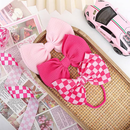 YanJie 3PCS 4.5’’ Checkered Bows for Baby Girls Headbands Hot Pink Headband Pink Hair Accessories for Girls Newborn Girl Clothes Baby Girl Outfits