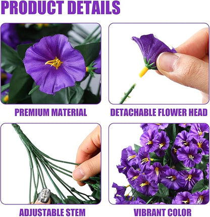 Sggvecsy Artificial Fake Hanging Flowers Plants for Outdoor Outside Spring Summer Decoration 4PCS Faux Silk UV Resistant Realistic Morning Glory Trailing Vines for Home Porch Patio Balcony(Purple)