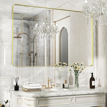 55×36 Gold Bathroom Mirror, Rectangular Bathroom Vanity Mirror for Wall with Rounded Corners & Aluminum Alloy Frame, Tempered-Glass, Modern, Farmhouse, Horizontal/Vertical, Entryway, Bedroom