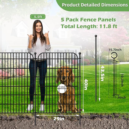 5 Panels No Dig Decorative Garden Fence with Gate for Yard, Total 11.8 ft(L) X 40 in(H) Animal Barrier Fencing for Dog, Patio Rustproof Metal Wire Panel Border, Temporary Tall Fence with Ground Stakes