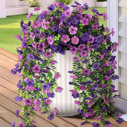 Artificial Faux Hanging Flowers Plants for Outdoor Decor 2 PCS Outside Fake Mums Violets with Eucalyptus UV Resistant Realistic Daisy Trailing Vines for Yard Balcony Porch Decor (Double Purple)
