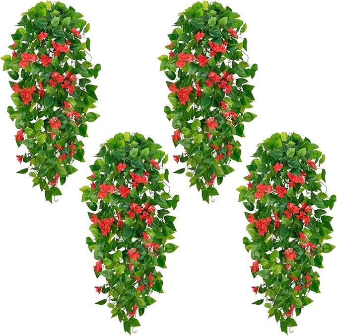 BLEUM CADE Artificial Hanging Flowers for Outdoors, 4pcs Fake Hanging Plants Pothos Vines with Red Flowers for Wall Home Living Room Indoor Outdoor Decor (No Baskets)