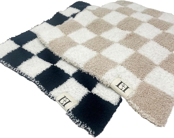 L+L USA Checkered Baby Lovey Pacifier/Teether Holder 10"x10" - DreamSoft Plush Fluffy Cuddly Soothie Reversible Mini Comfort Blanket - Cute Newborn Gift Essential Babies Boys Girls (Tan/White)