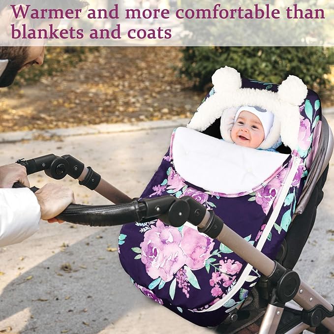 Winter Carseat Cover Girls, Purple Cozy & Warm Cover, Infant Car Seat Canopy, Ultra-Soft Breathable Protect Baby from Cold Wind, Zipped Removable Design