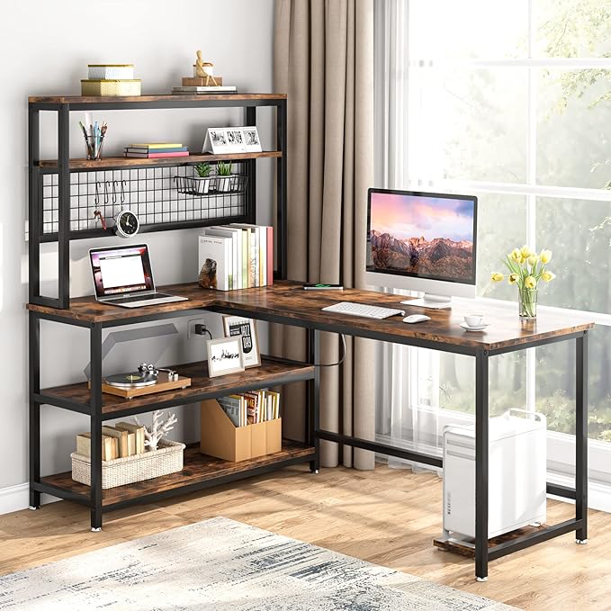 Tribesigns 55" L-Shape Computer Desk with Hutch and Wireless Charging, Office Desk Study Table Writing Desk Workstation with 5 Shelves and Movable CPU Stand for Home Office (Brown)