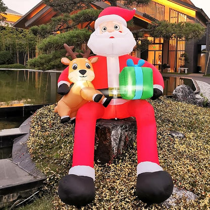 DearSun 10FT H Christmas Inflatable Sitting Santa Claus with Build-in LED Lights, Blow up Santa Claus with Gift Bag and Deer Sitting on Roof Wall Tree Chair Indoor Outdoor Decor