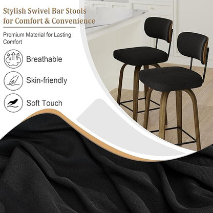 Swivel Counter Height Bar Stools with Back Set of 2, 26" Fabric Upholstered Kitchen Bar Stools with Wood Legs and Metal Footrest for Kitchen Island (Black Fabric)
