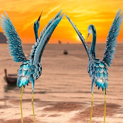 Natelf Garden Crane Statues for Outdoor, Blue Heron Decoy Courtyard Sculptures, Standing Metal Bird Yard Art for Patio Pond Backyard Decor(Set of 2)