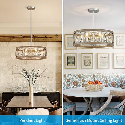 XINGQI Rustic Chandelier Brushed Nickel, Drum Chandeliers for Dining Room Modern Light Fixture Over Table Farmhouse Metal Wood Grain Pendant 5 Lights