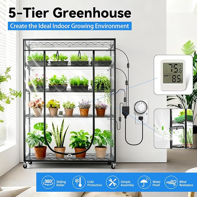JESLED Indoor Greenhouse with Grow Light, 4FT Full Spectrum 5000K LED Light for Seed Starting, Tiered Lighting Control, Built-in Timer & Thermo-Hygrometer, Rolling Metal Plant Stand (47.2x13.8x70IN)