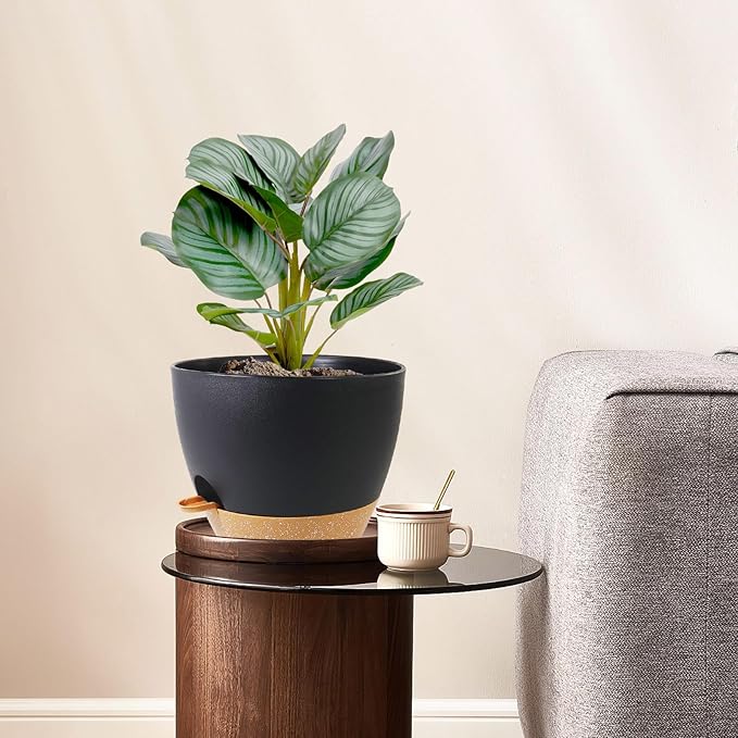 12/10/9 inch Large Self Watering Pots, Planter, Plant Pots with Mesh Drainage Holes for Indoor Outdoor Garden Plants, Plastic Flower Pots with Removable Deep Reservoir, Black with Brown