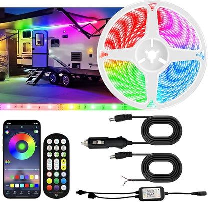 16.4FT RV Awning Lights, 12V Camper LED Light Strip with Remote and APP Control, Waterproof RV Exterior Strip Lights for Canopy Motorhome Travel Trailer Camping BBQ Kitchen (1PC-16.4FT New)