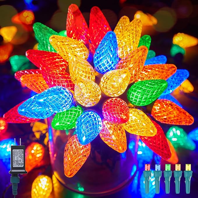 C9 Christmas Lights Outdoor, 82 FT 100 LED Connectable C9 String Lights with 8 Modes and Timer Extendable Xmas Tree Patio Roofline Garden Yard Holiday Party Indoor Outdoor Decoration, Multicolor