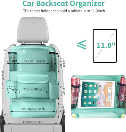 LUCMO Car Backseat Organizer with Touch Screen Tablet Holder,9 Storage Pockets Car Storage Organizer,Protectors Kick Mats Travel Accessories for Kids-Light Blue