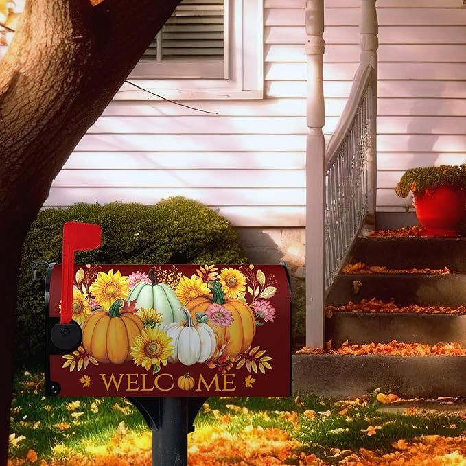 Fall Pumpkin Mailbox Cover Magnetic Autumn Sunflower Maple Leaves Mailbox Cover Standard Size 21 x 18 Inch Thanksgiving Welcome Post Box Covers Wraps Home Garden Decor for Outdoor