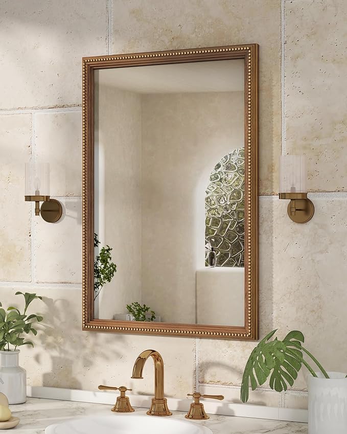 Axeman 24x36 Wood Wall Mirror, Rustic Bathroom Mirror, Vintage Wall Mounted Mirror Tempered Glass with Beaded Wooden Frame for Farmhouse Living Room Vanity Bedroom Entryway, Bronze