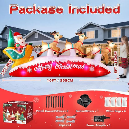 10FT Long Christmas Inflatables Santa Claus with Reindeer Sleigh Outdoor Decorations, Build-in Rotating Colorful LEDs Santa Blow up Yard Decoration for Holiday Xmas Party Indoor Lawn Christmas Eve