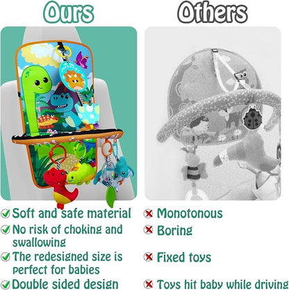 Baby Car Seat Dinosaurs Toys - Kick and Play Double Sided Infant Car Seat Toys with Plush Toys, Mirror, Teether for Baby, Babys Travel Activities, Christmas Birthday Gifts Newborn Infant Toys