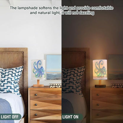Watercolor Octopus with Tentacle Blue Purple Pastel Color Table Lamp with Wood Base Fabric Lamp Shade Bedside Nightstand Desk Lamp for Living Room Bedroom Kids Room Office