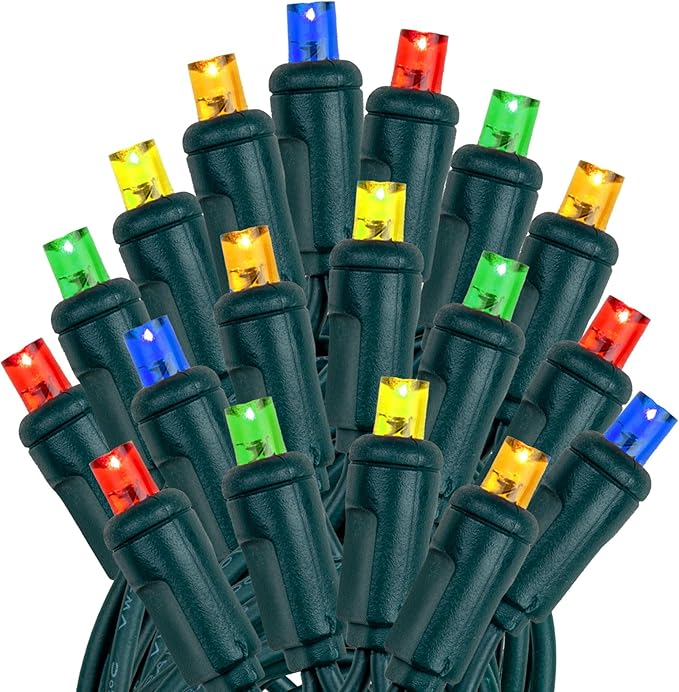 Novelty Lights 24-Pack, 25 Feet 50 LED Multicolor Christmas Mini Light String on Green Wire, 5mm Wide Angle Bulbs, Connectable, Indoor/Outdoor Decor, UL Listed