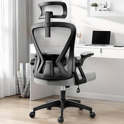 Ergonomic Office Chair, Home Office Desk Chair with Headrest, High Back Mesh Chair with Flip-up Armrests, Comfy Desk Chair with Lumbar Support, Rolling Swivel Task Computer Chair for Home Office