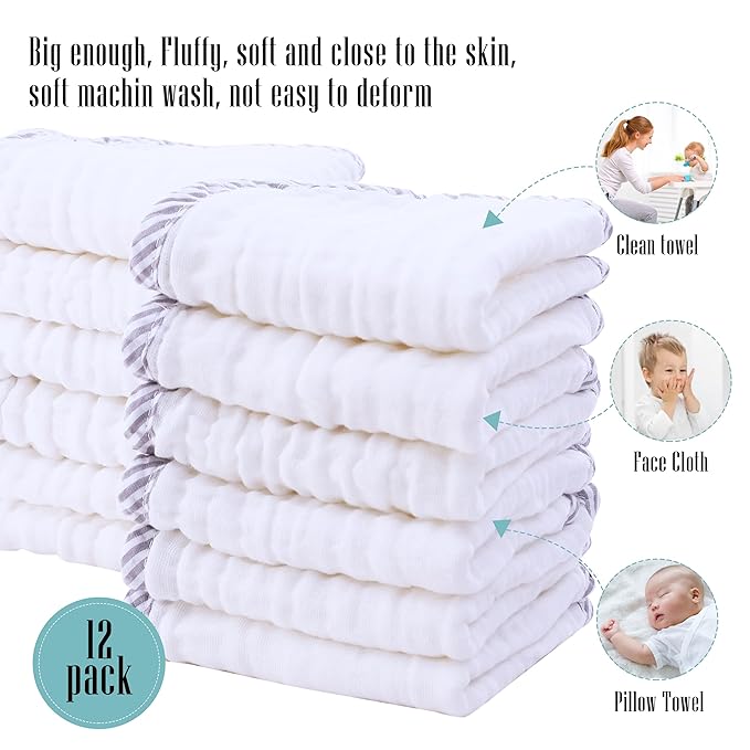 Cute Castle 12 Pack Muslin Burp Cloths for Baby - Ultra-Soft 100% Cotton Baby Washcloths - Large 20'' by 10'' Super Absorbent Milk Spit Up Rags - Burpy Cloths for Unisex, Boy, Girl - Stripe