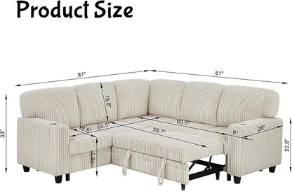 Couch, L-Shaped Sleeper Sofa with Storage, Sectional Couches for Living Room, 5-Seat Couch with Pull Out Bed, Convertible Sofa with USB Charging, for Living Room, Apartment, Beige