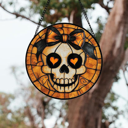 Stained Glass Window Hanging 4 Pcs Set Ghost Pumpkin bat Gothic Decor 7.8" - Horror Halloween Suncatcher Door Garden Sun Catcher Birthday White Elephant Gifts for Mom Woman Men Friend