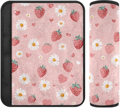 2 Pack Seatbelt Covers Seat Belt Cover Pad for Adults Boys Girls Car Seat Strap Covers Pads Cushion Universal Shoulder Strap Pad Protector for Backpack Camera Bag 6.5 Inch Pink Floral Strawberry Heart