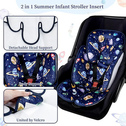 Pea Pod Baby Car Seat Head Support for Newborn, 2 in 1 Infant Car Seat Head Body Support for Boys Extra Soft Breathable Baby Car Seat Cushion Insert for Strollers, Swings, and Bouncers, Blue Space