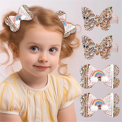 New Glitter Gold Bows Hair Clip For Girls, Baby Girl Toddler Clips, Hair Accessories.(FJ98) (4 Pcs Gold)