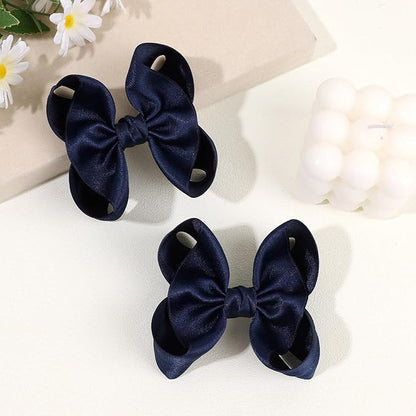 OAOLEER 2PCS 3.5inch Hair Bows for Girls，Navy Stain Ribbon Hair Bows Alligator Clips Hair Accessories for Back To School Teen Toddler Girls Kids (Navy)