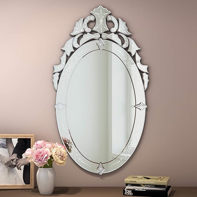 KOHROS Oval Bathroom Mirror 42" x 24" Venetian Mirror with Top Crown Floral Etched Frameless Decorative Wall Mirror for Vanity Bathroom Bedroom Living Room