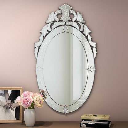KOHROS Oval Bathroom Mirror 42" x 24" Venetian Mirror with Top Crown Floral Etched Frameless Decorative Wall Mirror for Vanity Bathroom Bedroom Living Room