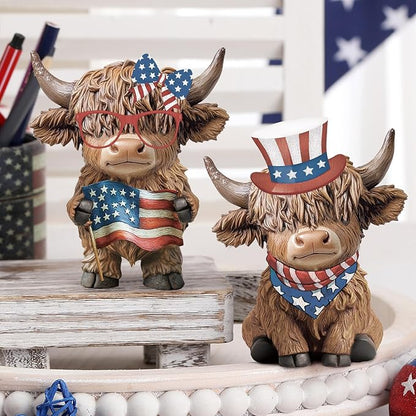 Karenhi 2 Pcs Veterans Day Highland Cow Figurines Patriotic American Flag Highland Cow Gnomes Red White and Blue Scottish Resin Statue for Home Garden Kitchen Office Tiered Tray Table Decor