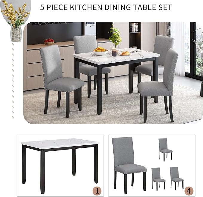 Ball & Cast 5 Piece Dining Table Set with 4 Cushion Chairs,Kitchen Table and Chairs for 4 W/ 45.3" Rectangle Desk,for Restaurant,Home Bistro,White/Light Gray+Black