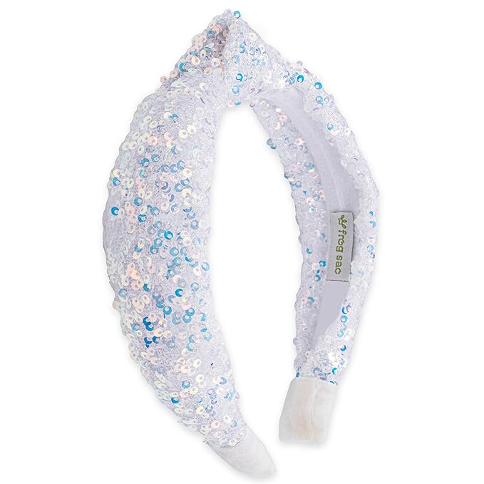 FROG SAC Sequin Knot Headband for Girls, White Knotted Hair Bands Accessories for Kids, Sparkly Iridescent Little Girl Headbands, Cute Fashion Hairbands for Tweens Stocking Stuffers for Children