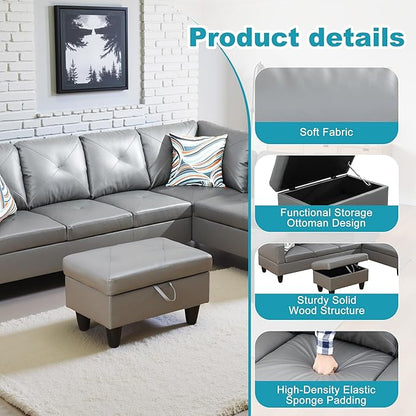 Couches for Living Room Faux Leather L Shaped Couch Comfy 3 Pieces Sectional Sofa with Chaise, Ottoman with Storage for Office and Small Apartment, Dark Grey