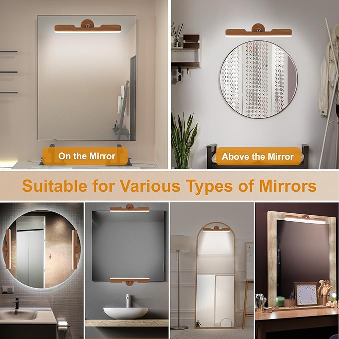 Benreom Vanity Light for Mirror with 4000mAh Rechargeable Battery, Touch Control Dimmable Makeup Light with 3 Color Modes, Magnetic 360° Adjustable LED Bathroom Mirror Light, Light Wood